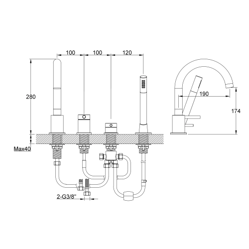 Bateria Wannowa 4-otworowa z Obrotową Wylewką Kohlman Axel QB244AB Black